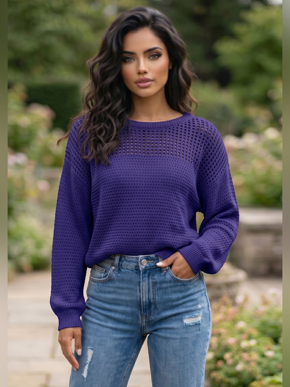 🌟B07. Stylish Cotton Purple Open Knit Sweater